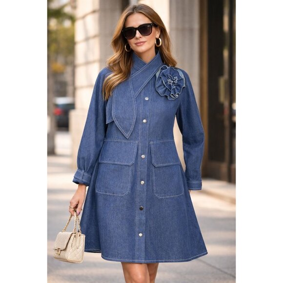 Psophia NWOT Denim Mini Dress Flower Brooch Size XS Luxury Designer Retro - Picture 8 of 13